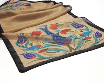 Turkish Silky Satin Scarf: Tree of Life, Ottoman Garden Design