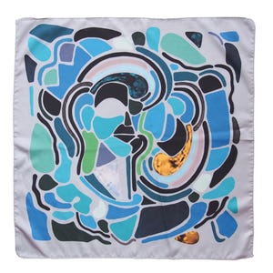 Abstract Modern Art Satin Bandana - Vibrant Geometric Pattern Scarf with Bold Blue and Gray Tones,  Fashion Accessory, 48x48cm Head Scarf