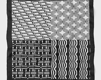 Vierkante satijnen bandana: zwart-witte abstracte patchwork-sjaal