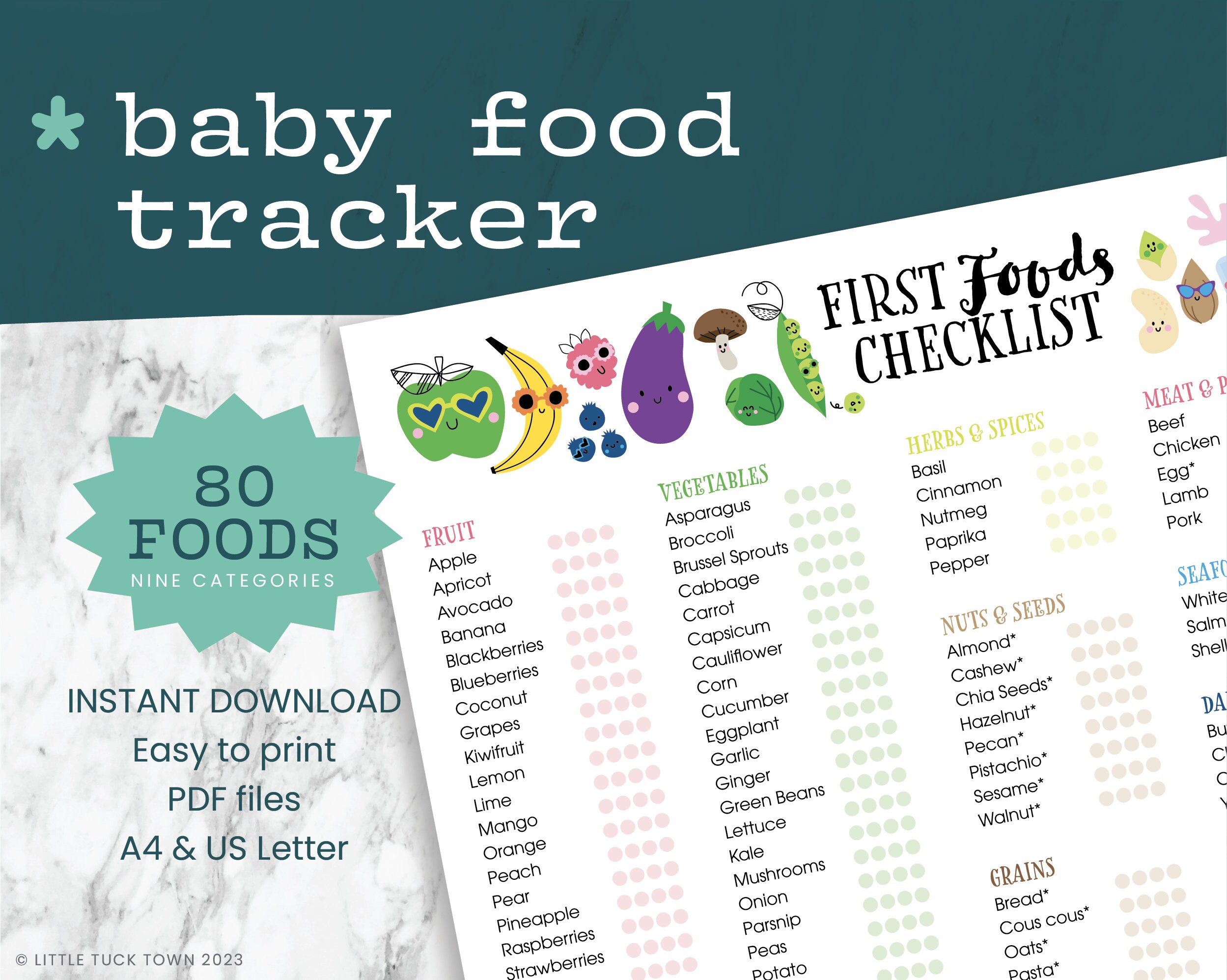 Baby's First Food Checklist Colourful Food Chart, Instant Download, PDF