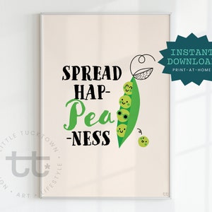 Difunda HapPEAness / DESCARGA DIGITAL, Arte de pared para niños, Impresiones de sala de juegos para niños pequeños, Decoración linda de la guardería, Arte de pared IMPRIMIBLE, Juegos de palabras con verduras