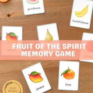 Juego bíblico de memoria del fruto cristiano del espíritu, tema bíblico para niños pequeños, actividad de estudio de versículos bíblicos educativos preescolares, juego de correspondencias imprimible