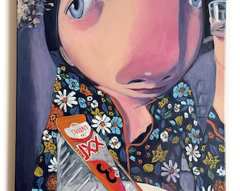 Peinture à l'acrylique originale, "Autoportrait avec un sandwich III "