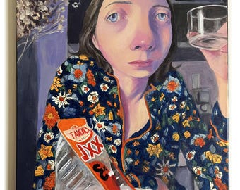 Peinture à l'acrylique originale, "Autoportrait avec un sandwich I "