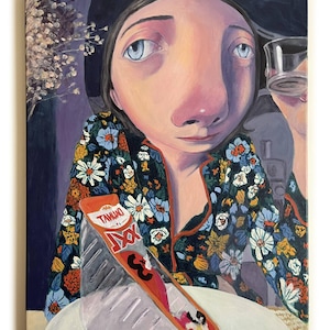 May include: An oil painting of a person wearing a floral print jacket, holding a glass. A colorful beverage container with the text "TAMUAD" is in the foreground. The artwork features a whimsical, expressive style with exaggerated facial features.