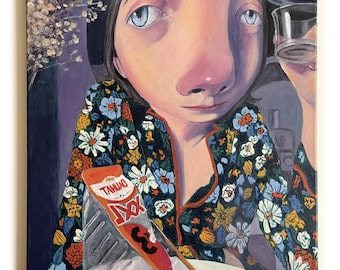 Peinture à l'acrylique originale, "Autoportrait avec un sandwich II "