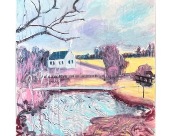 Peinture à l'acrylique originale, "La Maison au bord de la rivière"