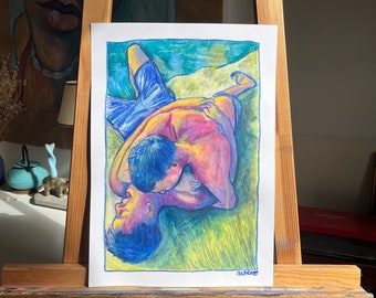 Dessin original au pastel et à l'aquarelle, format A3