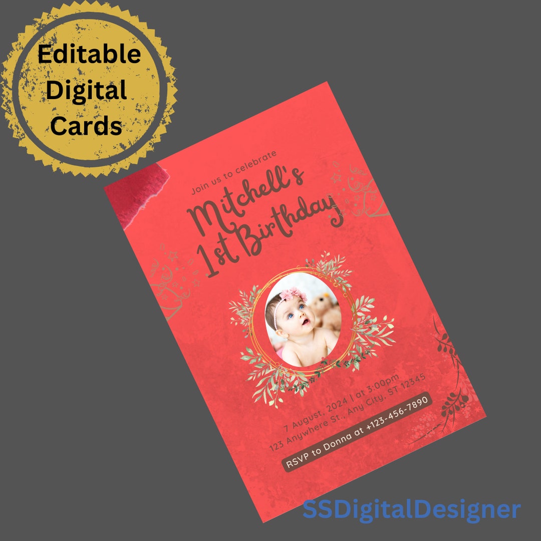 Red Birthday Modern Invitation Digital Card Birthday Etsy