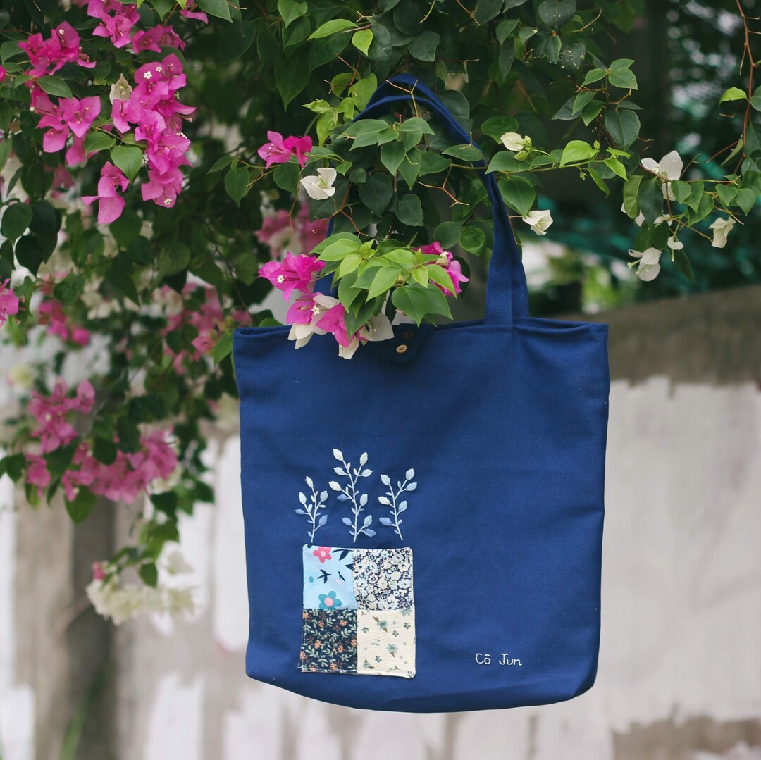 Navy Handembroidered Canvas Tote Bag, Ecofriendly Bag, Shoulder Bag