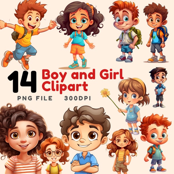 14 PNG Boy and Girl kid character Clipart cartoon isolated bundle with transparent background 300dpi. Instant download. Commercial use.