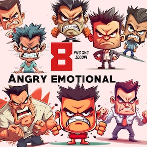 8 Angry emotional face bundle clipart cartoon isolated PNG SVG File with transparent background. Printable file. Commercial use.