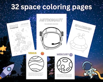 May include: A set of 32 black and white space-themed coloring pages. The pages feature an astronaut, spaceship, planets, and stars. The pages are perfect for kids who love space and coloring.