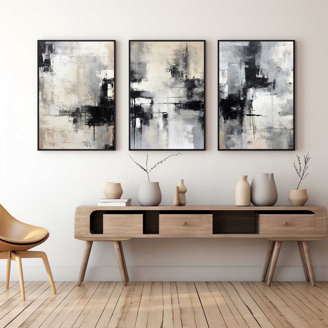 Modern Neutral Abstract Printable Wall Art Set of 3 Black and - Etsy