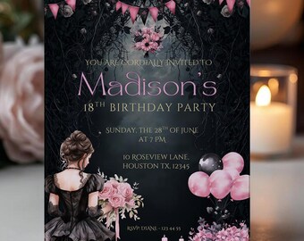 Puede incluir: Una tarjeta de invitación oscura para la fiesta de cumpleaños número 18 de Madison. La tarjeta presenta un diseño gótico con detalles en rosa, incluyendo banderines y arreglos florales. El texto dice "Madison's 18th Birthday Party".