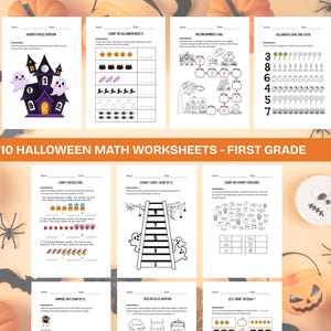 May include: A set of ten Halloween-themed maths worksheets for first grade. The worksheets feature various Halloween illustrations, including ghosts, pumpkins, and haunted houses. The worksheets are designed for counting, addition, and subtraction exercises.