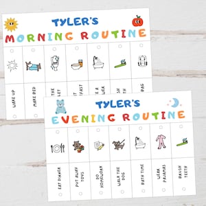 May include: Two colorful chore charts labeled "Tyler's Morning Routine" and "Tyler's Evening Routine." Each chart features illustrated tasks like "Wake Up," "Make Bed," and "Brush Teeth." The charts are designed for children.