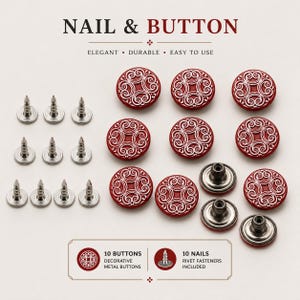 Op de afbeelding: Een set van tien ronde rode metalen knopen met een zilverkleurig reliëfpatroon van krullen, vergezeld van tien zilverkleurige metalen spijkerbevestigingen. De tekst NAIL & BUTTON, ELEGANT, DURABLE, EASY TO USE, 10 BUTTONS en 10 NAILS is zichtbaar.