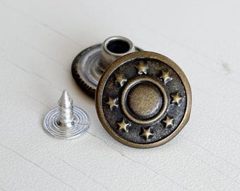 17mm Antique Bronze Star Jean Button: No-Sew Metal Rivet Fastener, 10 pcs