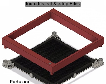 May include: A 3D printed model of a square frame with a square base. The frame is red and the base is black. The text "Includes .stl & .step Files" is at the top of the image. The text "Parts are Correctly Orientated to Sit Flat on Your Build Plate" is on the left side of the image. The text "All Parts Print Without Supports" is on the right side of the image.
