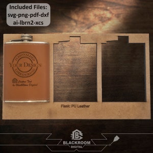 May include: A brown leather flask with a silver top and a laser engraved design that says "Personalized Your Design Laser Engraved" and "Custom Text by Black Room Digital". The flask is sitting on a wooden surface with a cutout for the flask. The text "Flask: PU Leather" is printed below the flask.