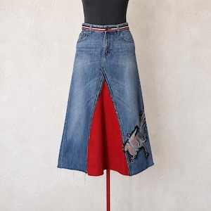 Upcycled Denim Maxi Skirt, Long Patchwork Jean Skirt, Red Silk Applique, Y2K Grunge Boho Clothing
