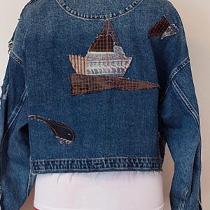 Upcycled Denim Jacket, Cropped Jean Jacket with Sea Art Patches, One of a Kind Reworked Denim Jacket M L