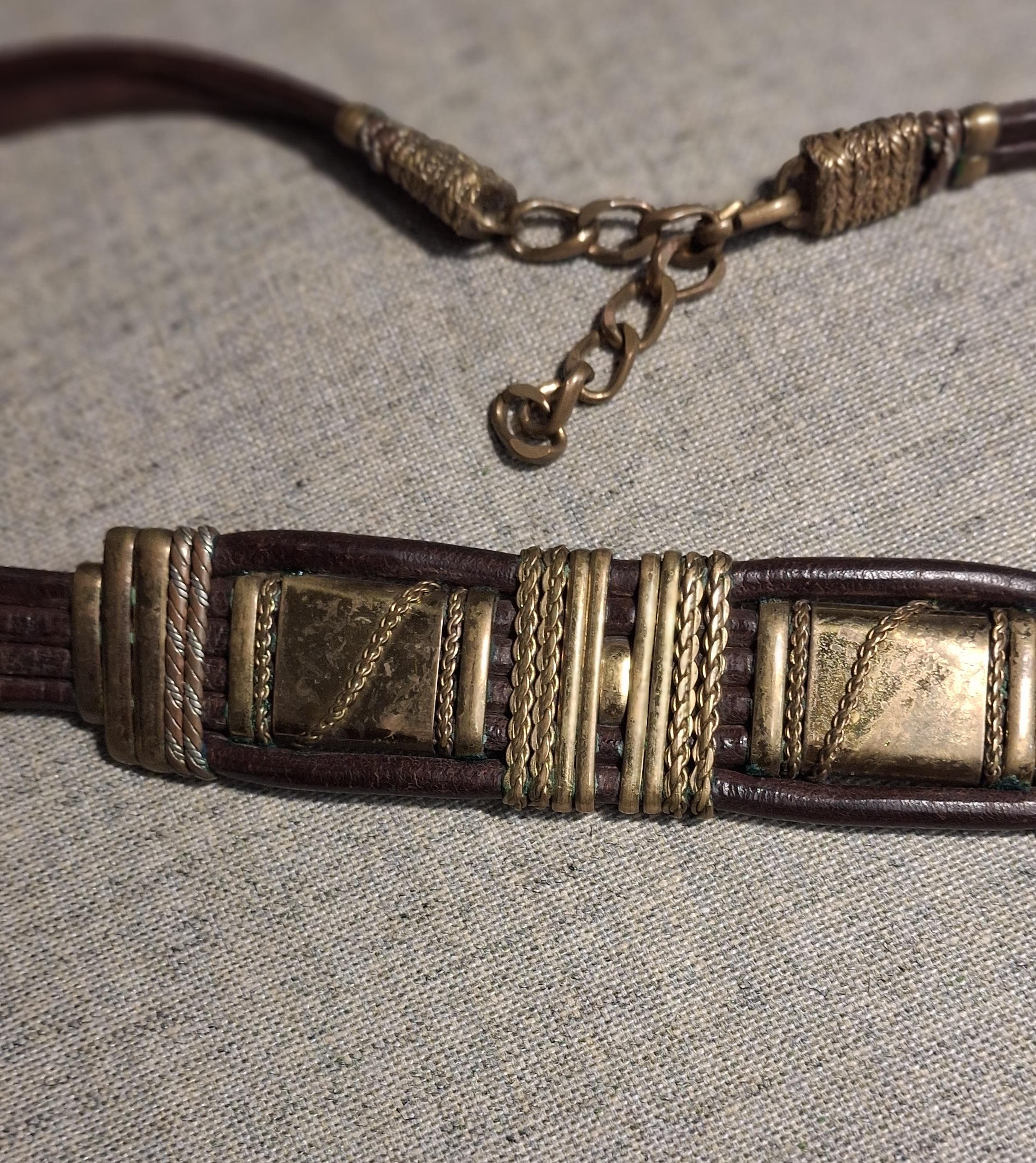 70s Vintage Brutalist Leather Belt With Handcrafted Metal 