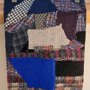 Blue Wool Patchwork Panel for Bag Making, Quilted Textile Art, One of a Kind