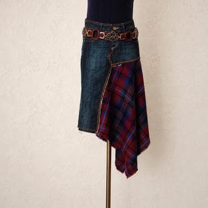 Upcycled Denim Plaid Skirt, Asymmetric Tartan Wool Skirt, Reworked Y2K Jeans, One of a Kind