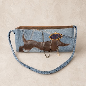 Upcycled Denim Dachshund Shoulder Bag, Patchwork Jean Purse, Leather Dog Appliqué, Braided Handle, One of a Kind Bag