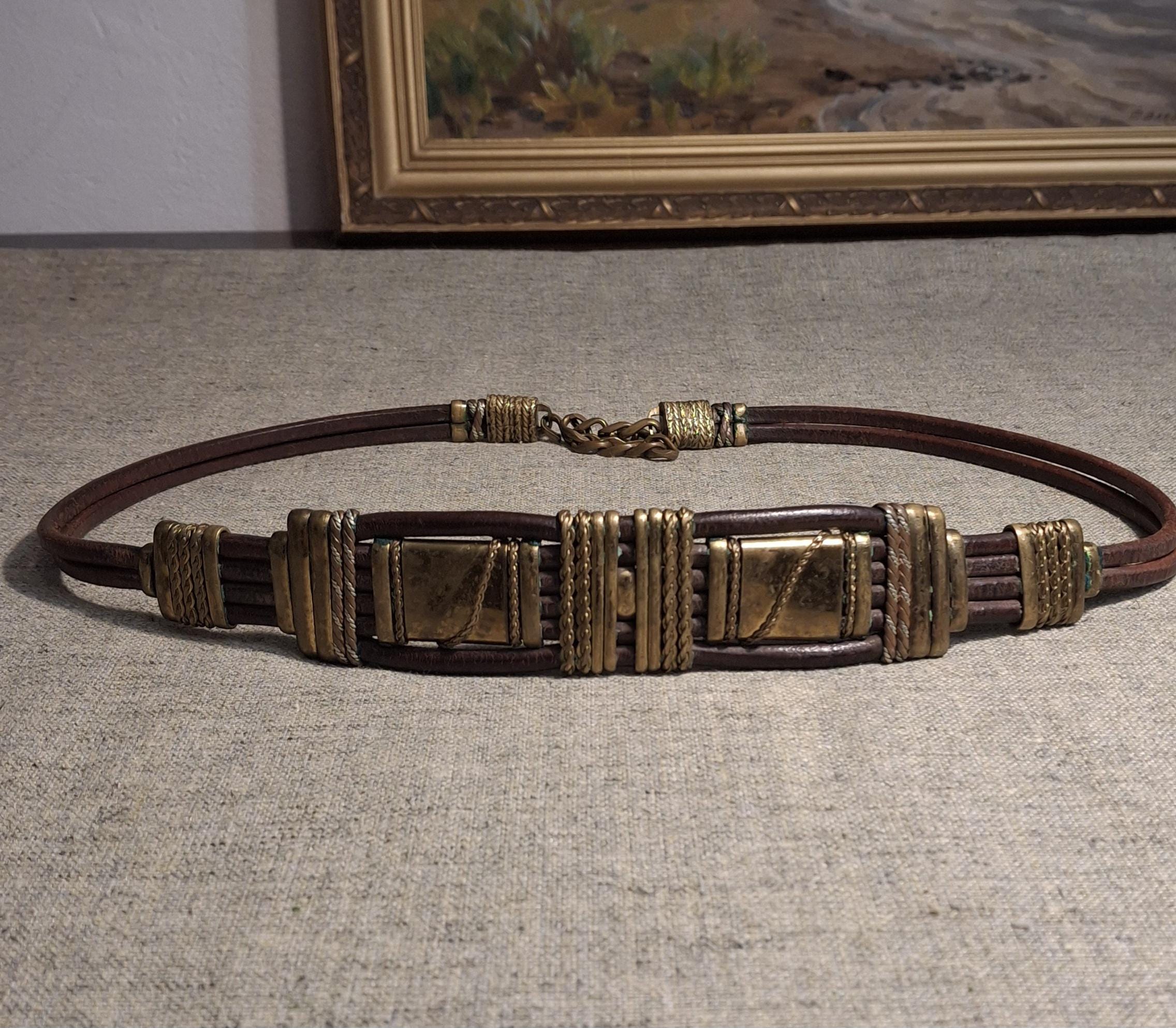 70s Vintage Brutalist Leather Belt With Handcrafted Metal 