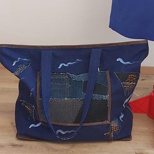 Large Beach Tote Bag, Recycled Denim Fish Appliqué, Cotton Shoulder Tote