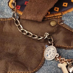 Könnte beinhalten: Eine blaue Jeansstoff-Basis mit einer braunen, strukturierten Applikation in Hundeform und orangefarbenen Nähten. Eine silberfarbene Metallkette befestigt einen runden Anhänger mit dem Text BEST IN SHOW und einen kleinen knochenförmigen Anhänger.