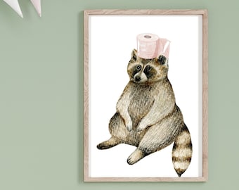 Funny Raccoon Bathroom Art Print: Toilet Paper Animal (Digital Download)