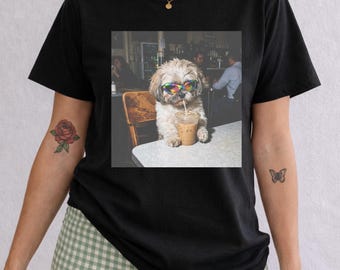Shih Tzu Coffee Shirt – Dog with Rainbow Sunglasses, Iced Coffee Lover Tee