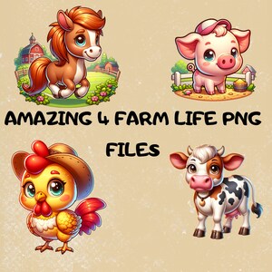 Lindo dibujos animados de granja Clipart png, animales de granja imágenes prediseñadas digitales, animales de granja png, paquete de granja png, pollo caballo cerdo, granja png descarga digital.