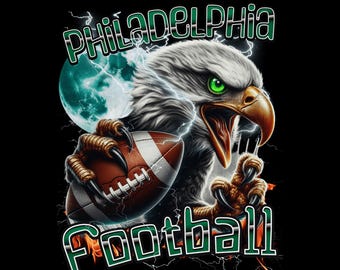 May include: A fierce-looking bald eagle with green eyes clutches a brown and white football. The eagle is surrounded by lightning bolts and the words "Philadelphia Football" are written in green letters.
