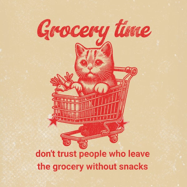 Stylish funny cat png,Grocery Time Funny Cat,Trendy Vintage Retro Design for Graphic TeesTote Bags, Stickers, Keychains,animal Vintage.