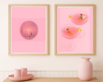 Pink Retro Coastal Art Prints: Surreal Beach Kids Decor (PNG Digital Download)