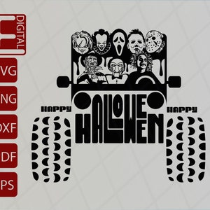 Pode incluir: Silhueta preta e branca de um Jeep com o texto "Happy Halloween" na frente. O Jeep est&aacute; cheio de personagens de filmes de terror, incluindo Freddy Krueger, Jason Voorhees e Michael Myers.