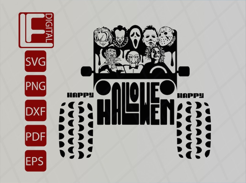 Pode incluir: Silhueta preta e branca de um Jeep com o texto "Happy Halloween" na frente. O Jeep est&aacute; cheio de personagens de filmes de terror, incluindo Freddy Krueger, Jason Voorhees e Michael Myers.