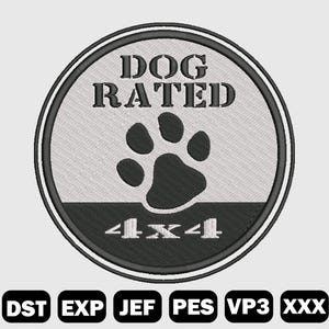 May include: A black and white round sticker with the text "DOG RATED 4X4" and a paw print in the centre.