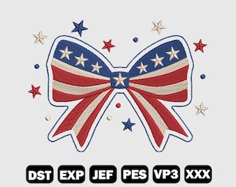 USA Coquette Bow Embroidery Design, 4th of July Embroidery, Coquette USA Embroidery, American Flag Embroidery, Machine Files, LF0013