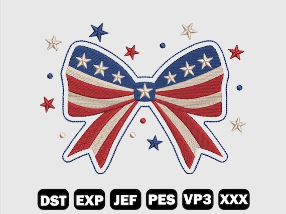 USA Coquette Bow Embroidery Design, 4th of July Embroidery, Coquette USA Embroidery, American Flag Embroidery, Machine Files, LF0013