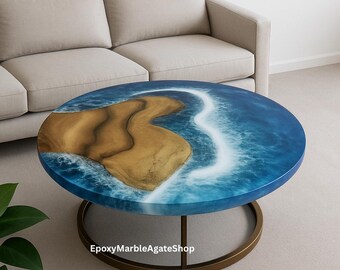 Mesa de centro oceánica de resina epoxi hecha a mano – Mesa redonda de resina y madera con diseño de río