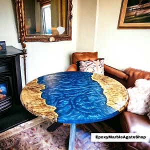 Blue Custom Made handmade Epoxy blue Resin Coffee Table, Counter Desk Table, Mid Century Modern Art, Hallway Furniture Table, Garden Table