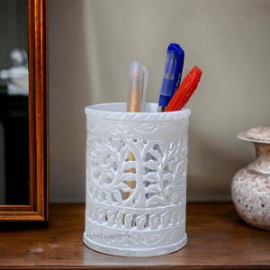 Natural Alabaster Hand-Carved Pen Holder | Elegant Marble Desk Organizer | Unique Home Office Decor