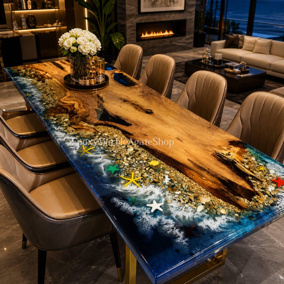 Handmade Ocean Beach Epoxy Table, Acacia Wood River Dining Table ...