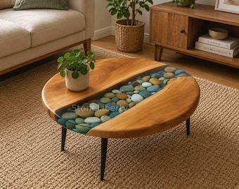 Wood Pebble Resin Coffee Table | Handmade Coastal Furniture | River Resin Decor | Side Table Round |  Console Table Decor